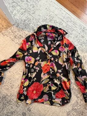 Zara Silky Black Floral Button-Down Blouse